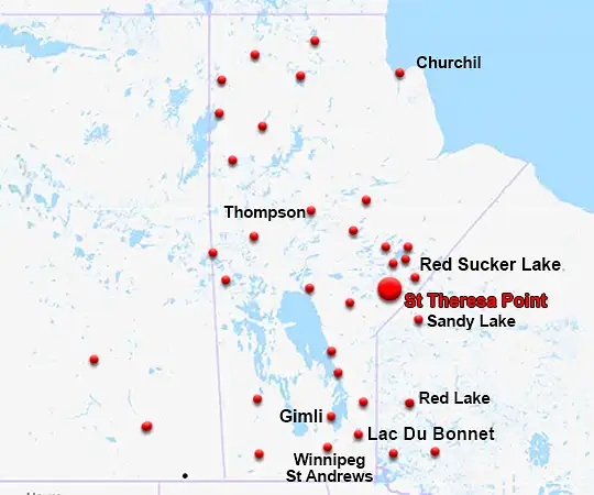 Map showing the location of St Theresa Point in Manitoba
